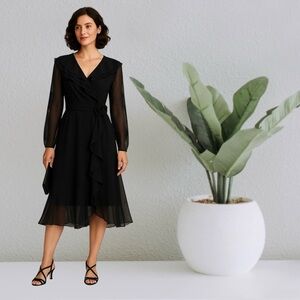 VTG 1970s Black Chiffon Ruffle Cocktail Dress w/ Attached Rosette Belt S 4 6